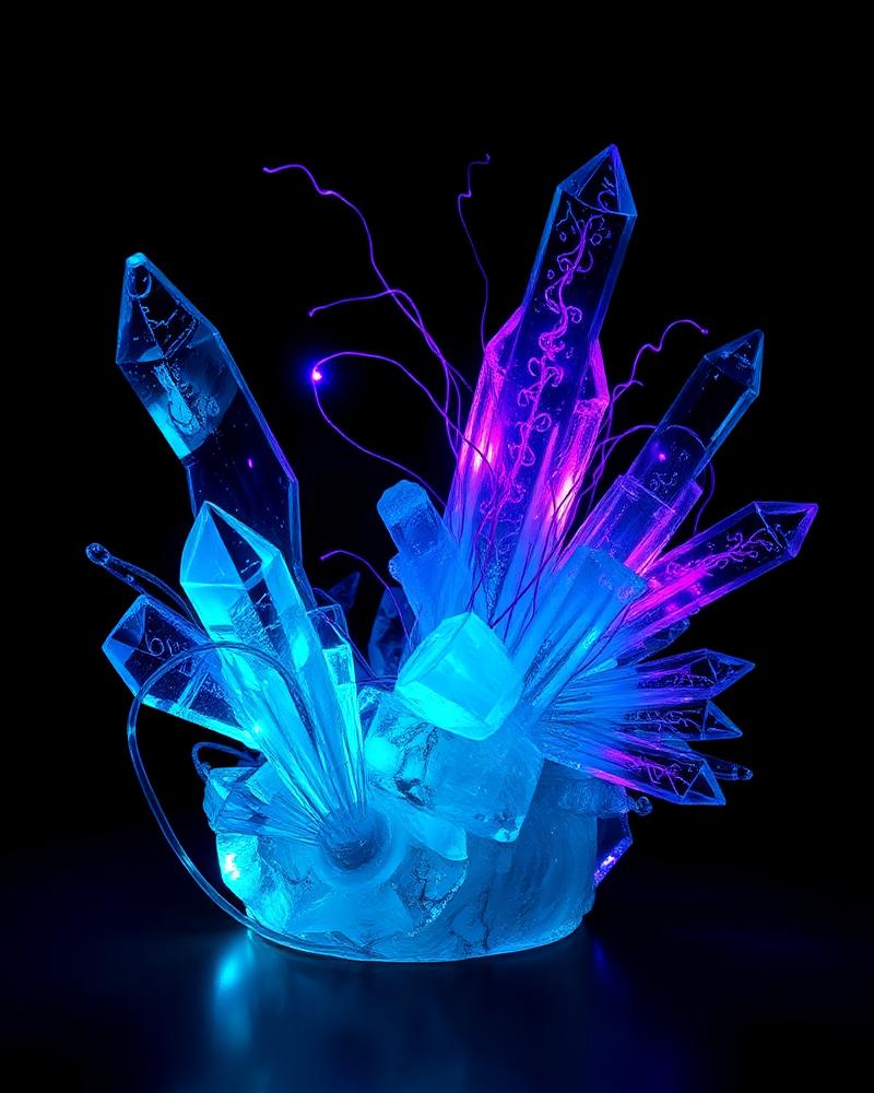 Abstract 3D glass sculpture with glowing neon threads — visual core of One DB Agency